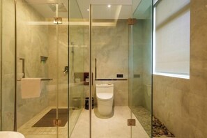A modern bathroom with a glass-enclosed shower, a toilet, and a sink.