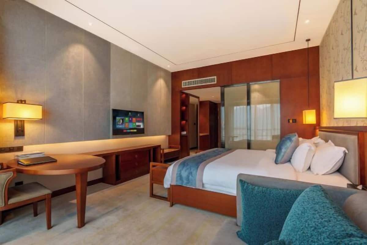 A hotel room with a bed, a desk, a chair, a TV, and a mirror.