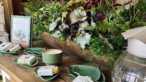 Une table en bois sur laquelle sont disposés divers objets, notamment un livre intitulé « Les merveilles des forêts », des savons et un arrangement floral décoratif.