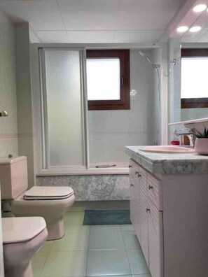 Shower, hair dryer, bidet, towels