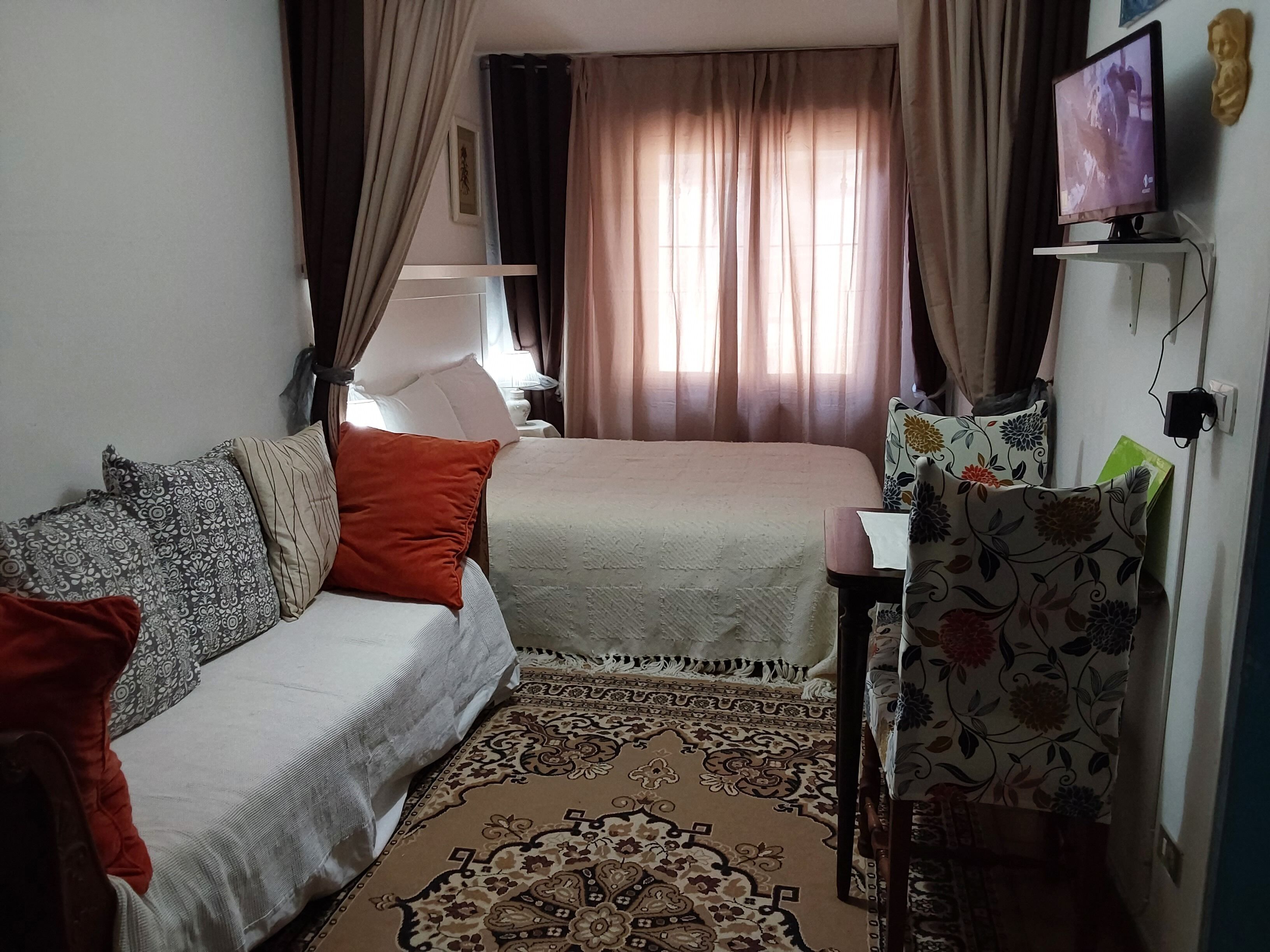 Quarto de hotel com cama, sofá, televisão e tapete estampado.