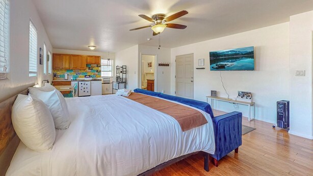A bedroom with a bed, a ceiling fan, a painting, and a view of the kitchen.