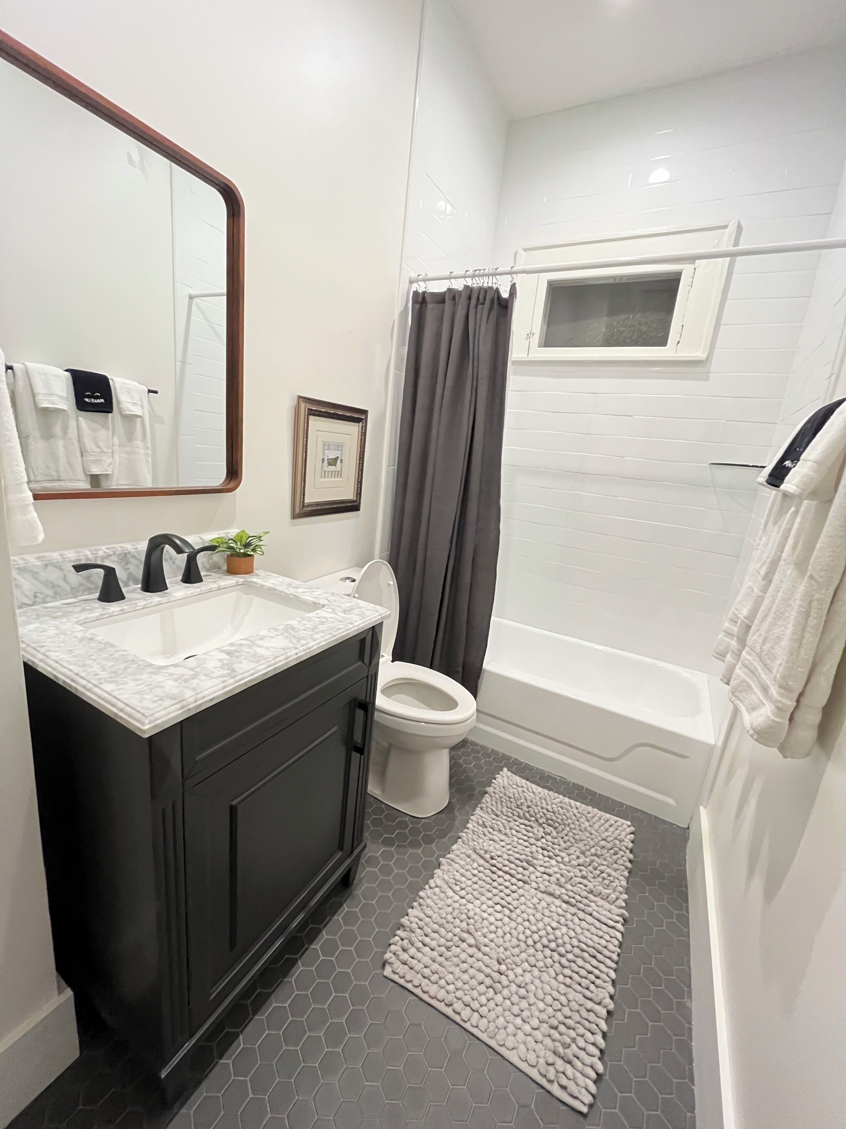 Hair dryer, towels, soap, shampoo