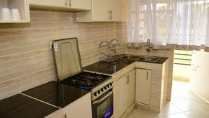 A compact kitchen with a gas stove, oven, and a sink. There are cabinets and a window with curtains. - Stylish fully furnished 2 bedroom  2 bath in Kitale 5 min from city center  (Kitale)