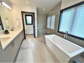 Chuveiro, secador de cabelo, toalhas de banho, shampoo