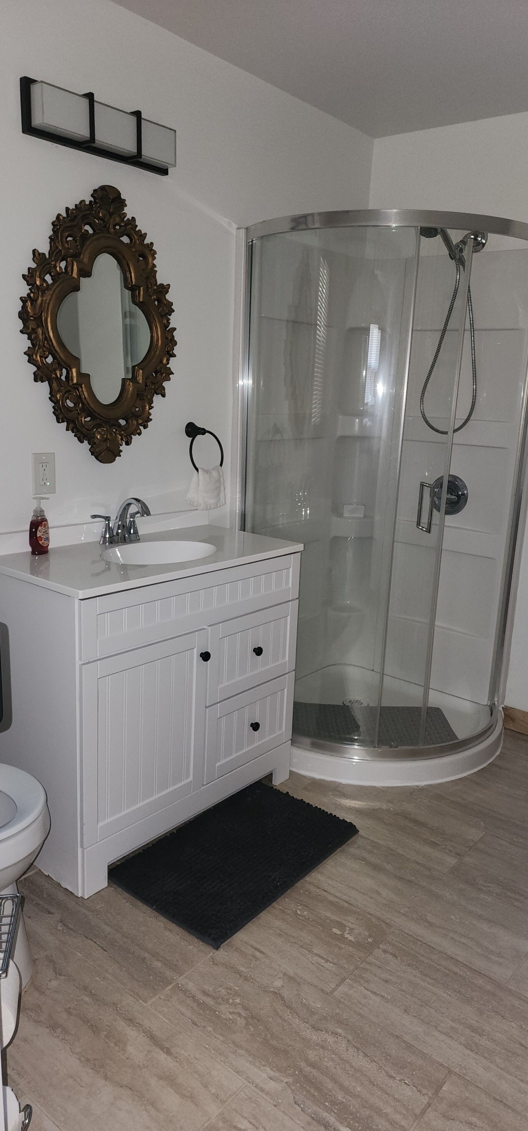 Hair dryer, towels, soap, toilet paper
