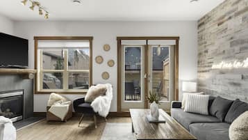 Smart TV, fireplace, books