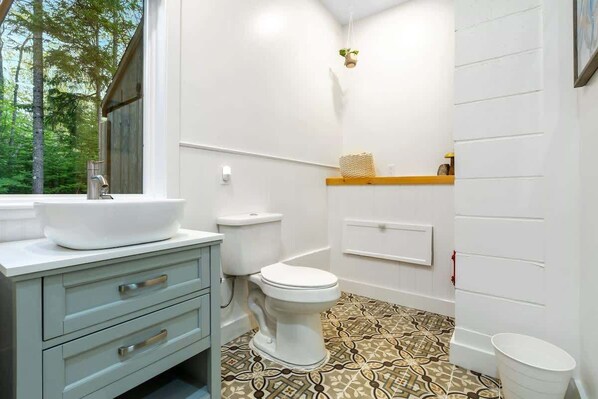 A bathroom with a white sink, toilet, and vanity with drawers. There is a patterned floor and a small plant on the wall.
