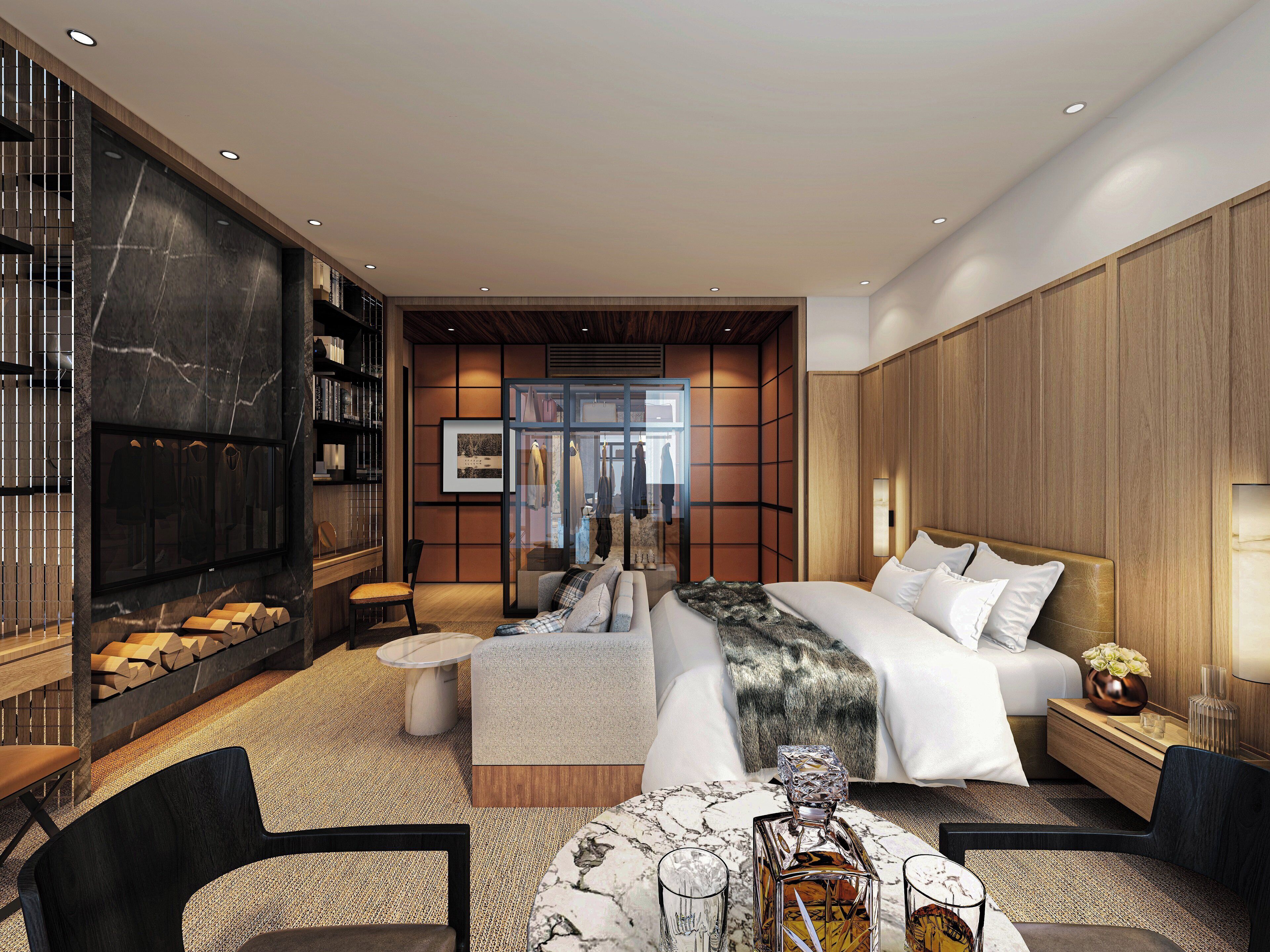 Una habitación de hotel moderna con una cama grande, una zona de estar con una mesa de café, una chimenea y vistas de la tienda de ropa del hotel.