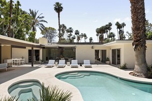 Outdoor pool, a heated pool - 3 BR Mid-Mod Home + Pool and Spa in South Palm Desert - Walkable to El Paseo! (Palm Desert)
