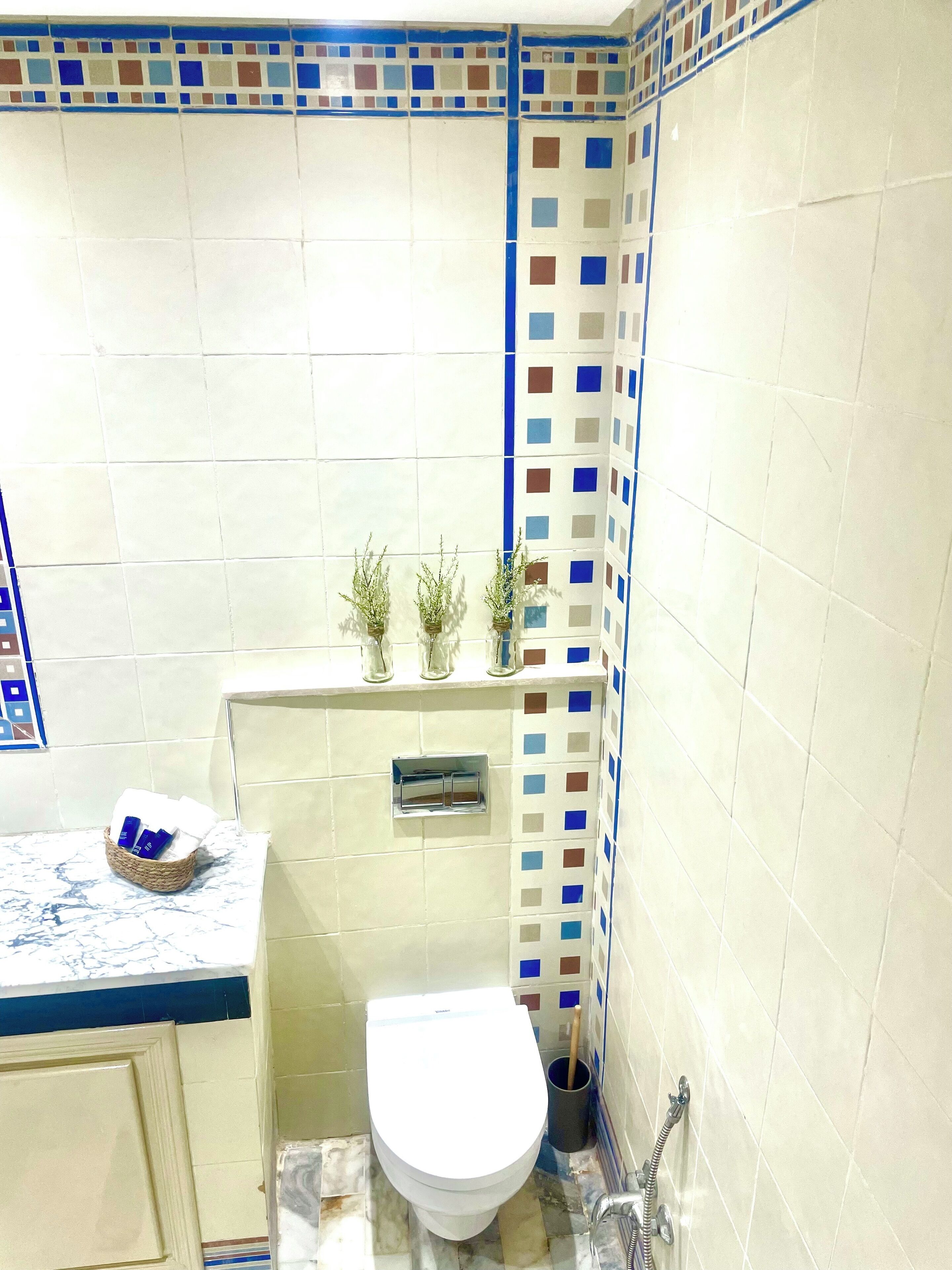 Een badkamer met toilet, een wastafel met een marmeren blad, een kleine plant en een douche.