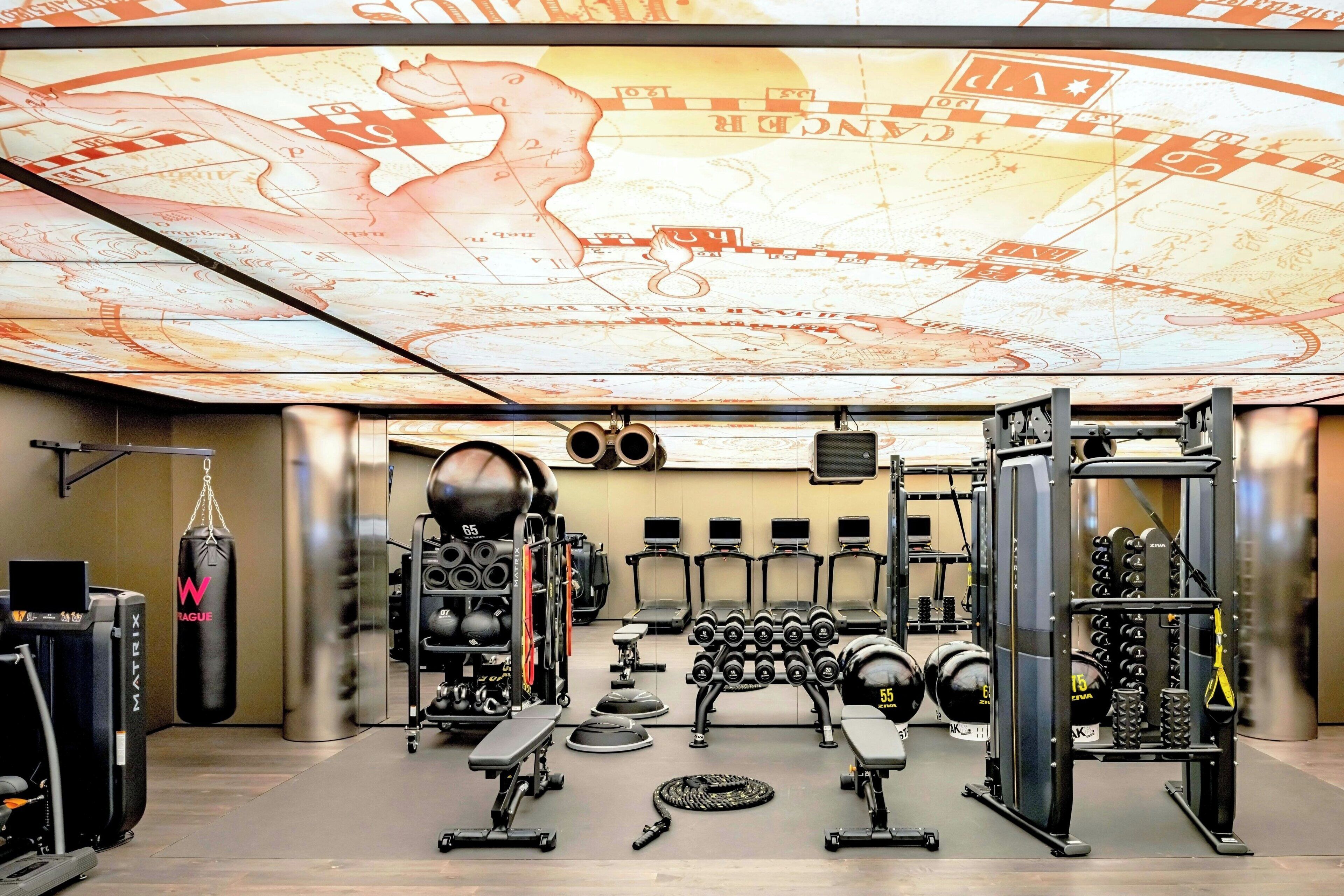 Een fitnessruimte met diverse trainingsapparaten, waaronder dumbbells, een bokszak en gewichtsschijven.