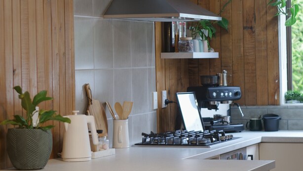 Une cuisine moderne avec des murs en bois, une cuisinière à gaz, une hotte aspirante et une plante en pot.