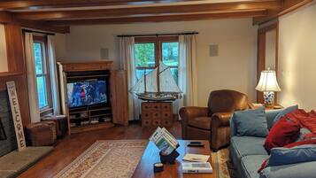 Smart TV, fireplace, books