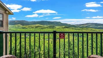 A balcony with a view of green hills, a "NO GRILLING OR SMOKING" sign, and wicker furniture.