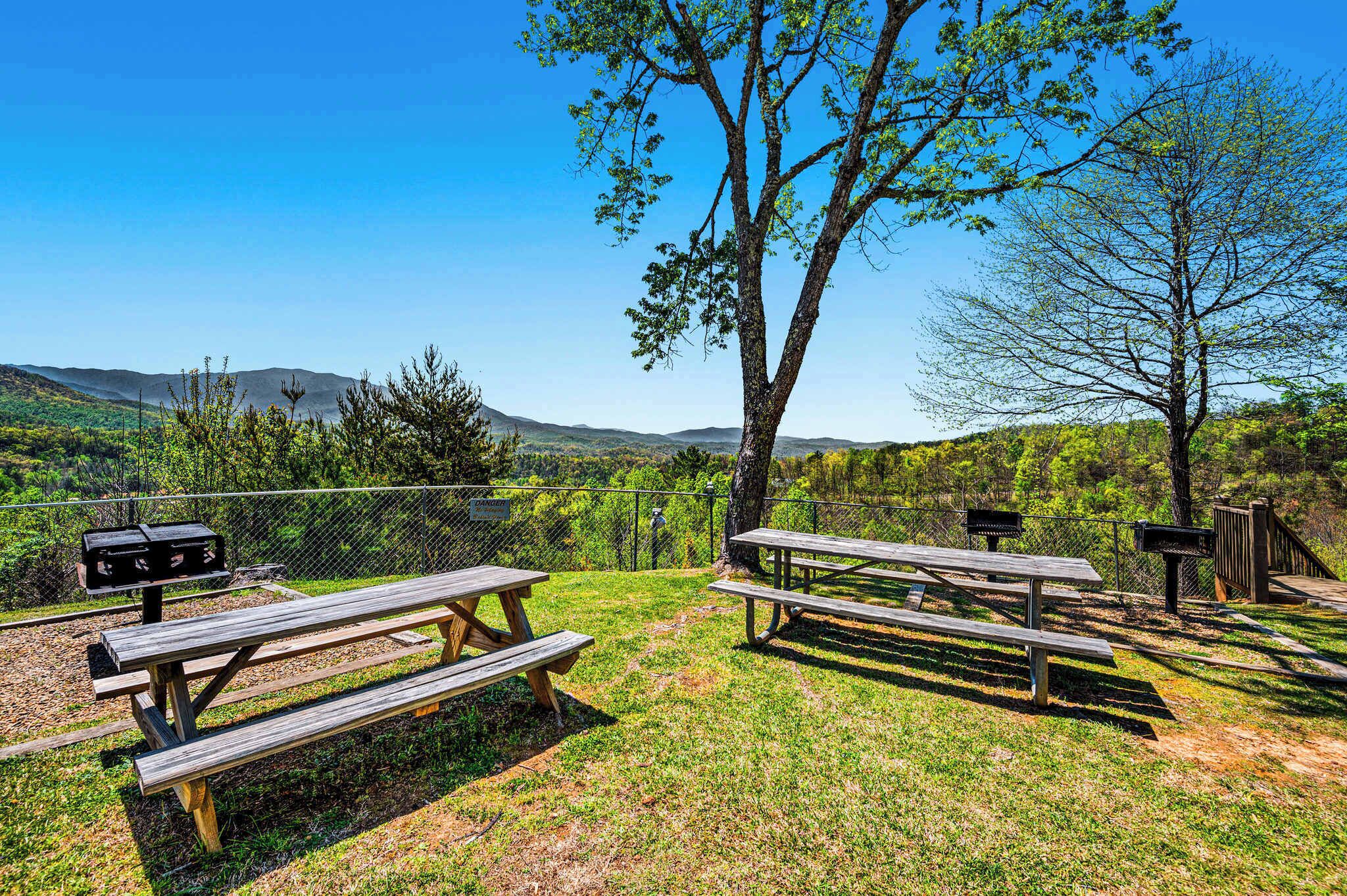 A picnic area with benches and grills, surrounded by a fence and trees, overlooking a hilly landscape.