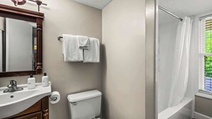 A bathroom with a sink, toilet, and shower.