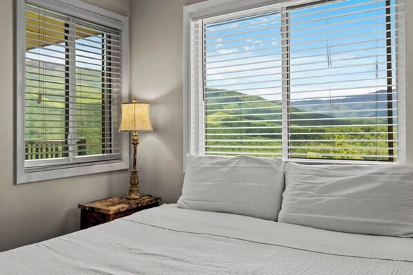 A bedroom with a bed, two windows with blinds, a nightstand with a lamp, and a view of green hills.