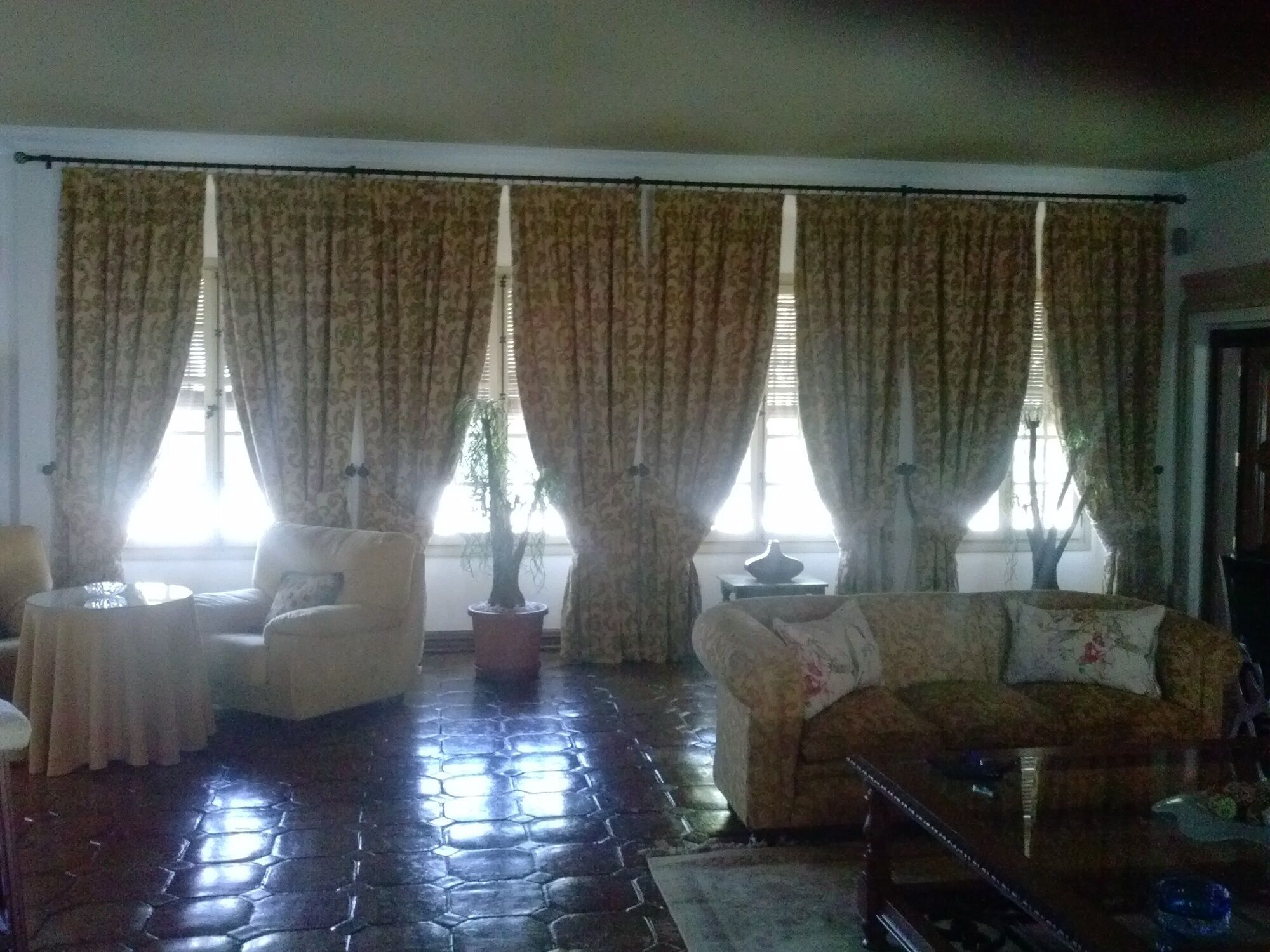 A living room with a patterned sofa, a round coffee table, and a potted plant.