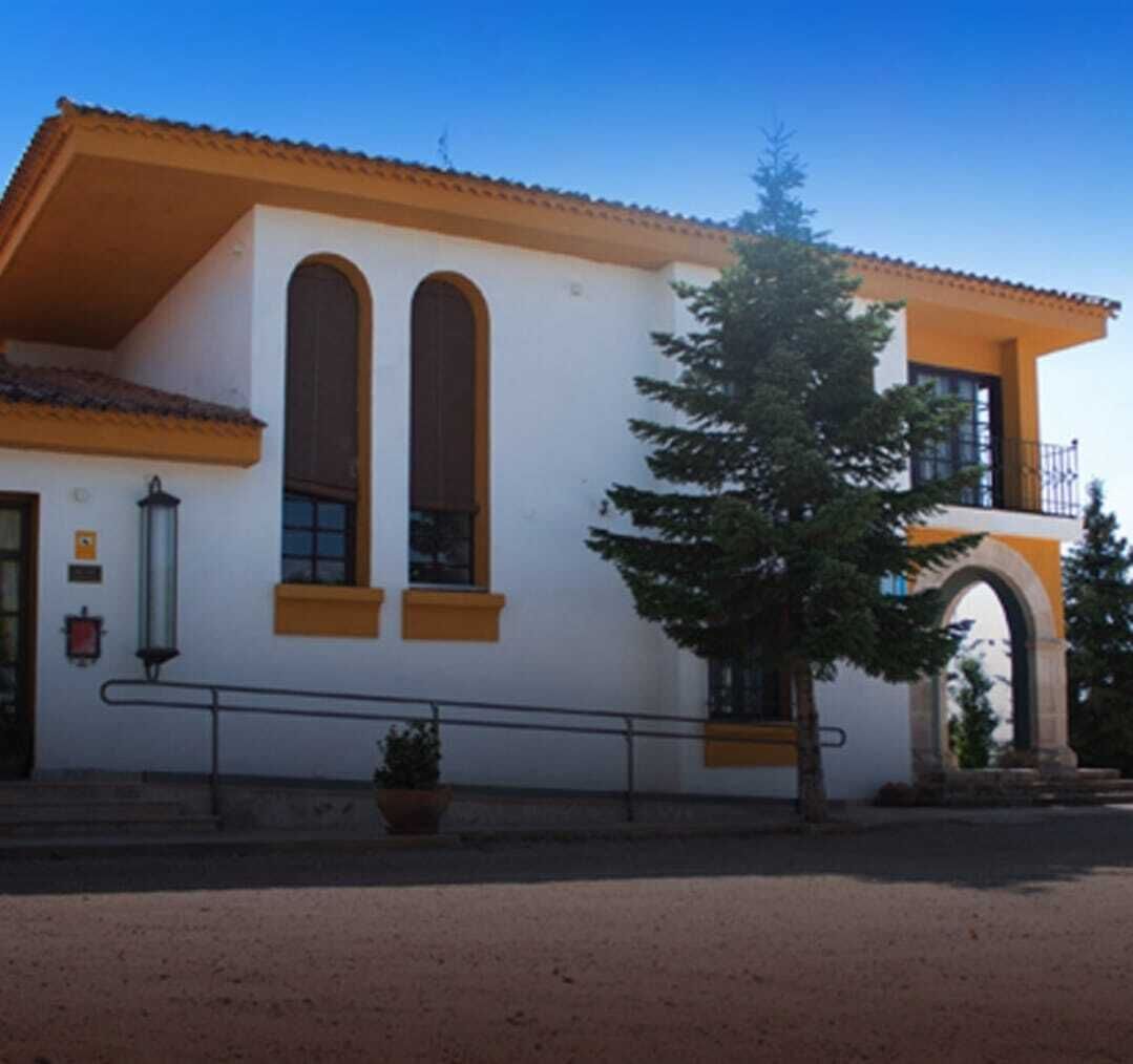 A building with a white facade, orange trim, and a large tree in front.