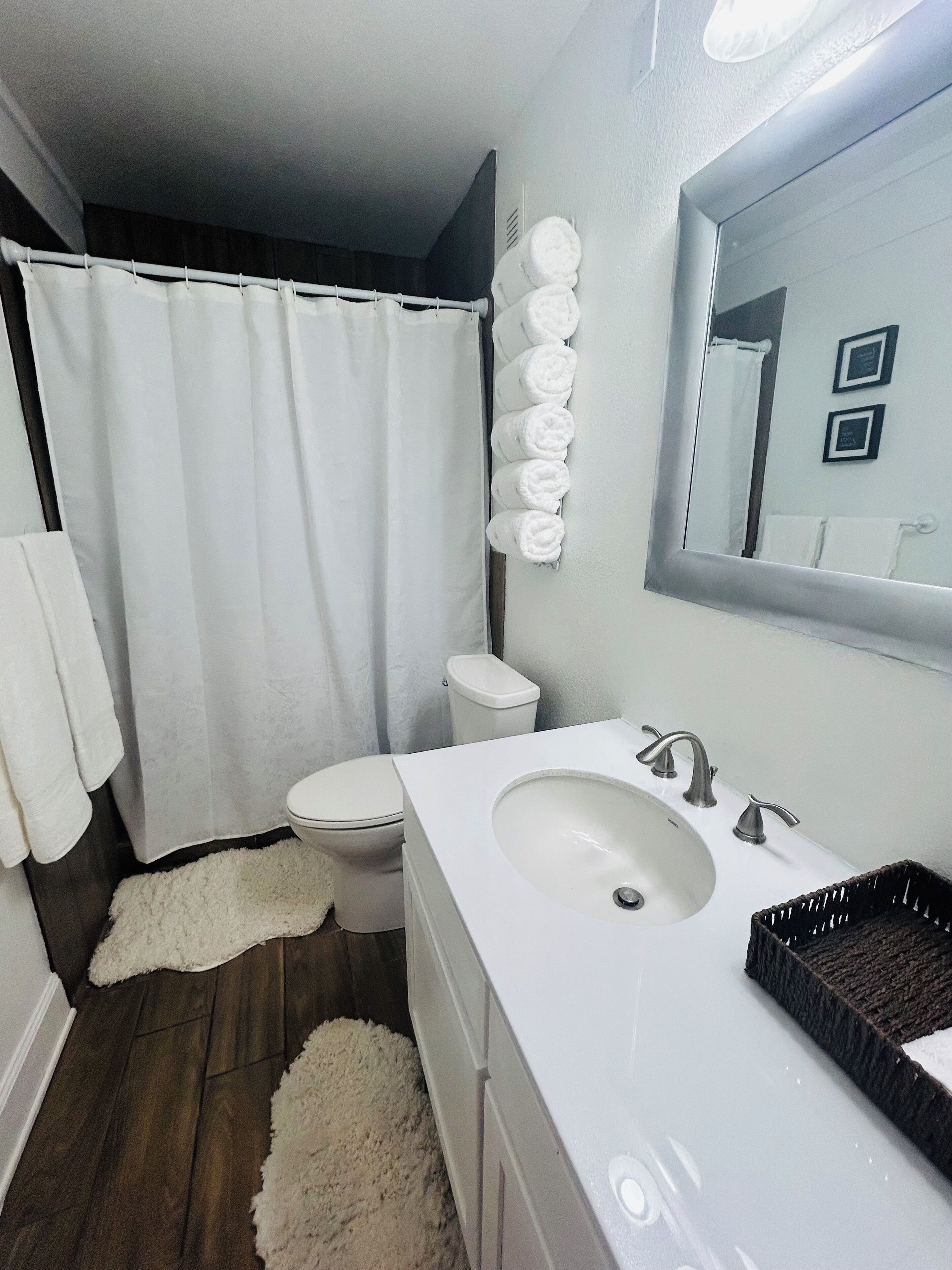 Shower, hair dryer, bidet, towels