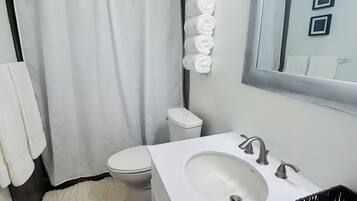 Shower, hair dryer, bidet, towels