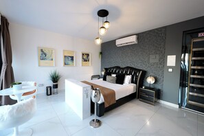 Rainfall showerhead, hair dryer, bathrobes, towels