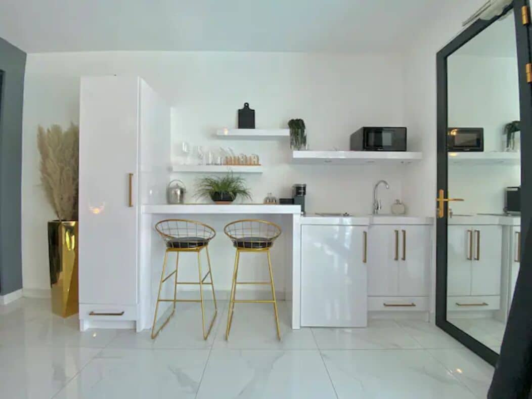 Mini-fridge, microwave, stovetop, espresso maker