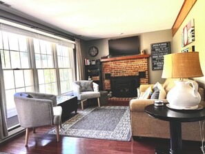 Smart TV, fireplace, video games, DVD player