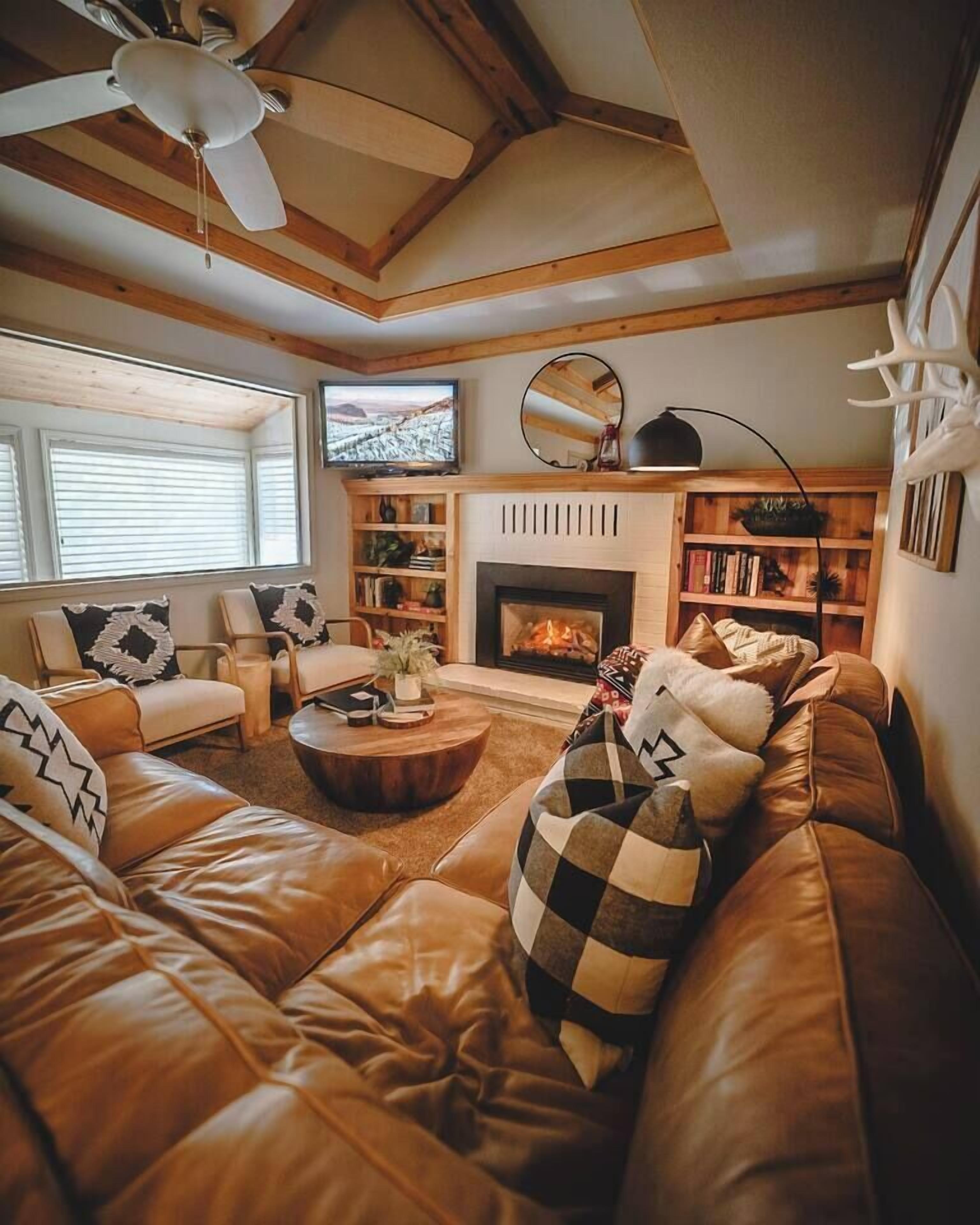 Smart TV, lareira, livros