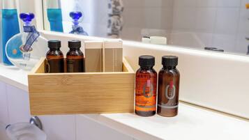 Hair dryer, towels, soap, toilet paper