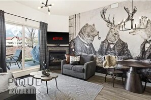 Smart TV, fireplace, books