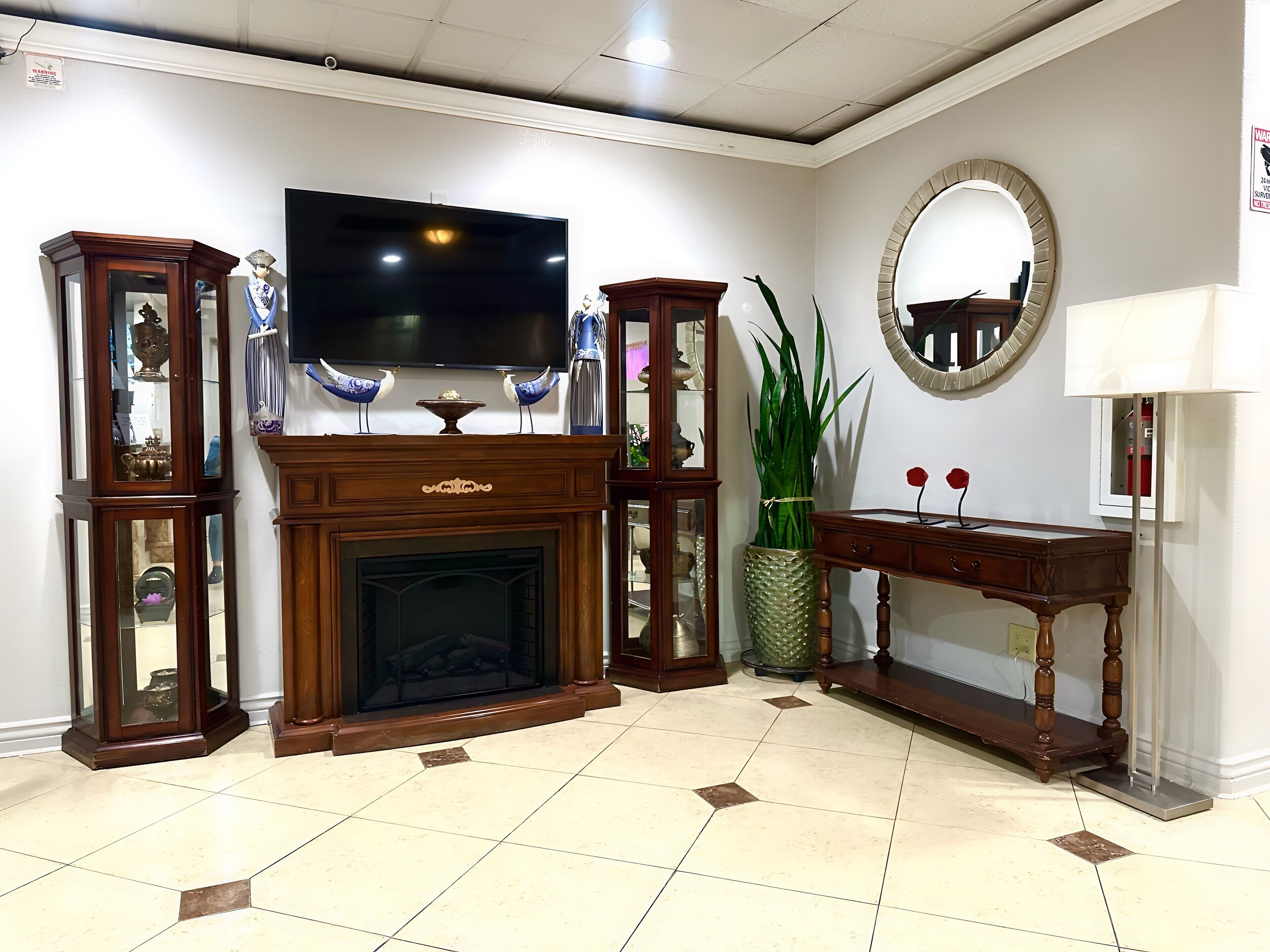 A living room with a fireplace, a television, a mirror, and a potted plant.