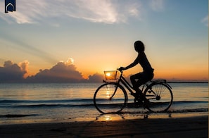 A silhouette of a person riding a bicycle with a basket on a beach at sunset.