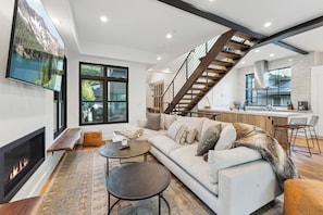 Smart TV, fireplace, books, stereo