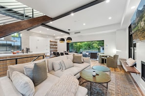 Smart TV, fireplace, books, stereo