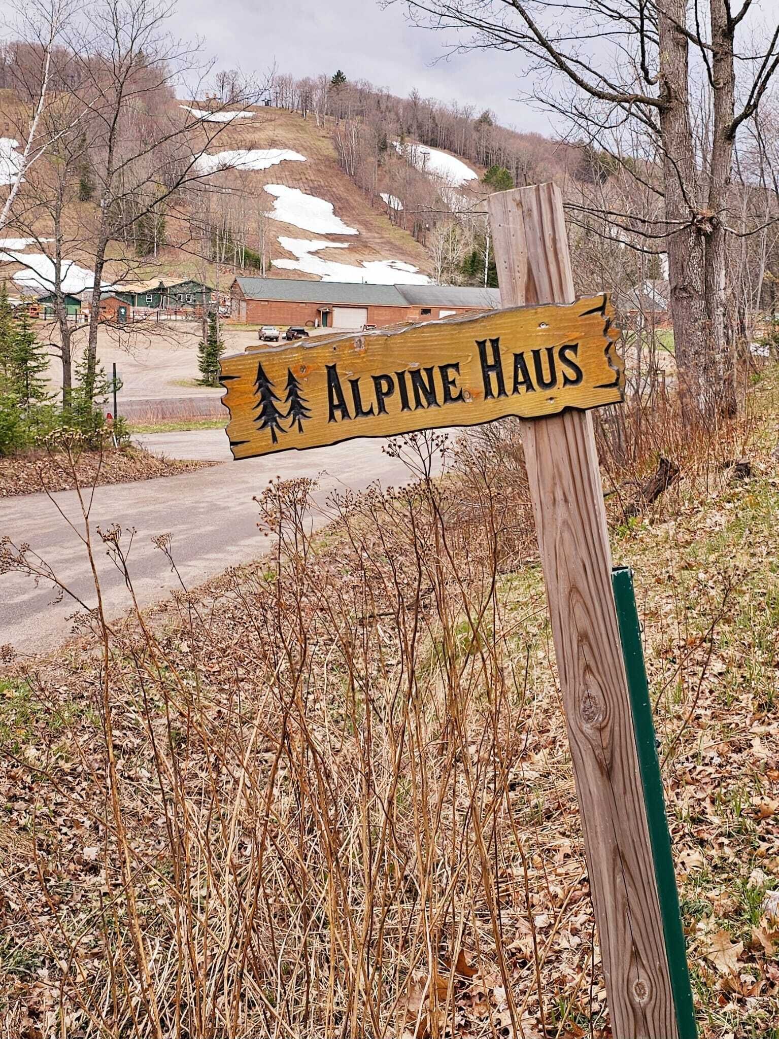 A wooden sign with 'Alpine Haus' written on it, surrounded by trees and a road.