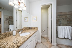 Shower, hair dryer, bidet, towels