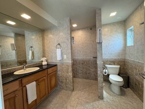 Secador de cabelo, toalhas de banho, sabonete, papel higiênico