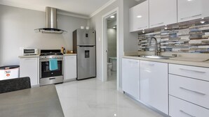 A modern kitchen with white cabinets, stainless steel appliances, a tiled backsplash, and a grey countertop. - NEW Modern Cozy Studio Walking distance to Beach! (Noord)