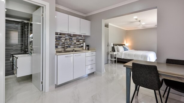 A modern kitchen with white cabinets, a tiled backsplash, and a stainless steel sink. - NEW Modern Cozy Studio Walking distance to Beach! (Noord)