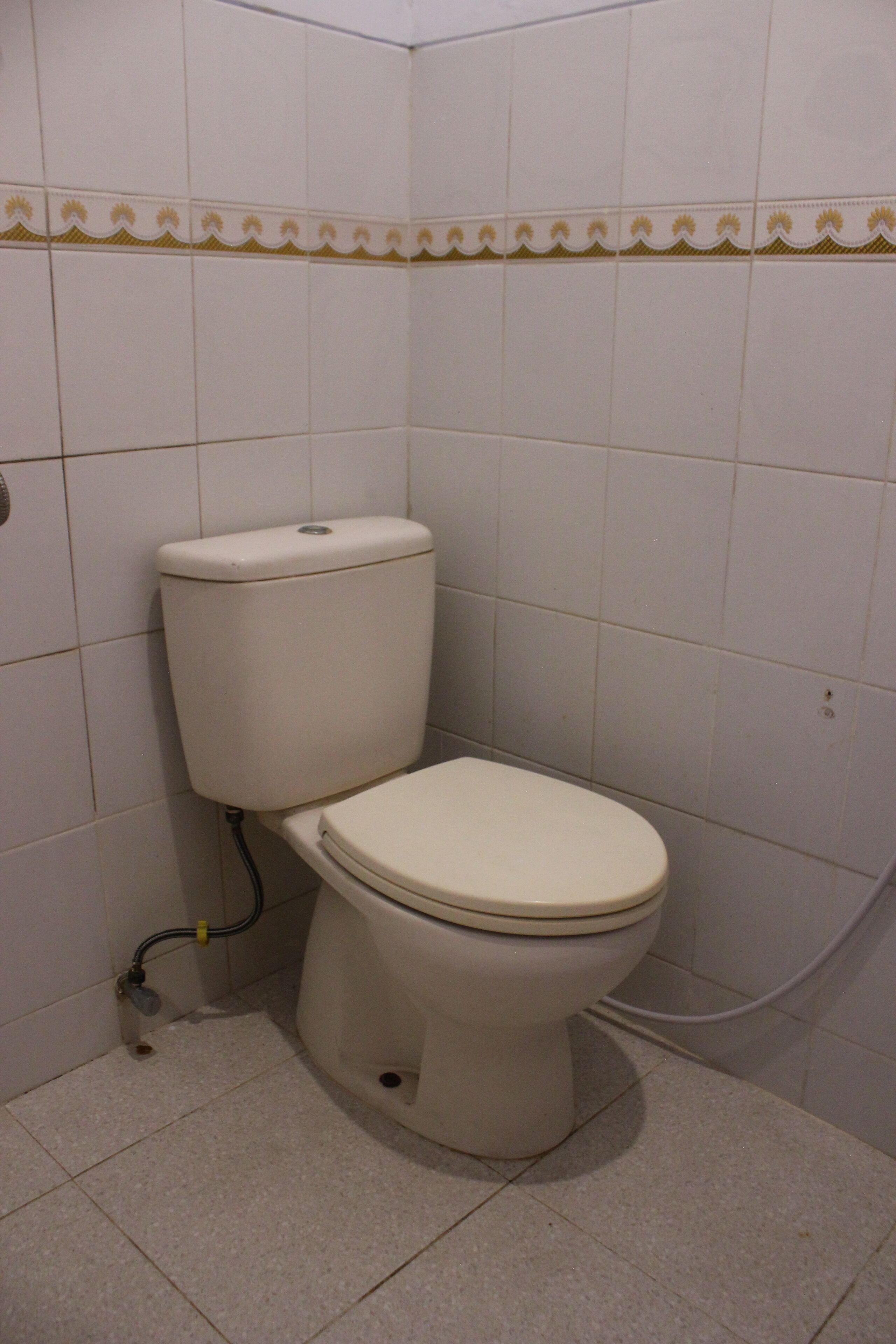 Un inodoro blanco estándar en un baño con azulejos blancos y un borde decorativo.
