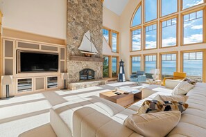 Smart TV, fireplace, foosball, books
