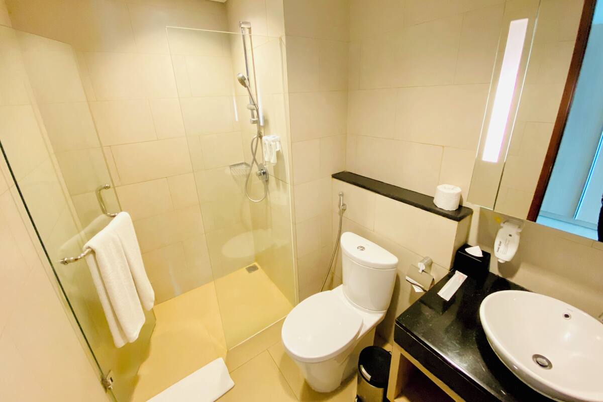 A modern bathroom with a glass-enclosed shower, a white toilet, and a black sink.