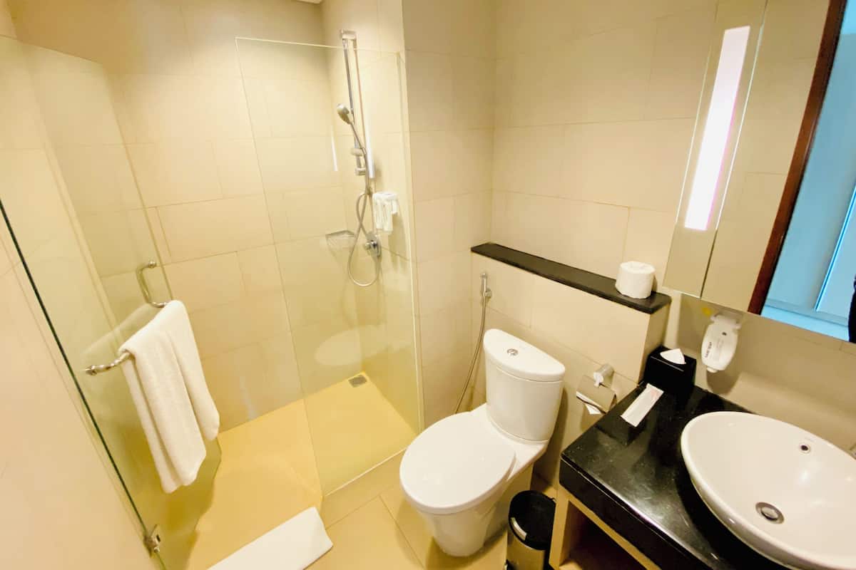 Un baño moderno con ducha envuelta en vidrio, inodoro blanco y lavamanos negro.