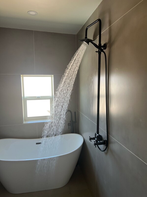 Hair dryer, towels, soap, shampoo