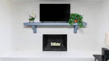 A fireplace with a TV above it, a shelf with plants, and a lamp on the right.