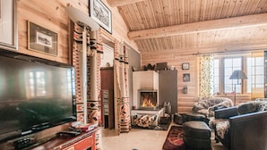 Een gezellige woonkamer met een open haard, houten wanden, een televisie en een bank.