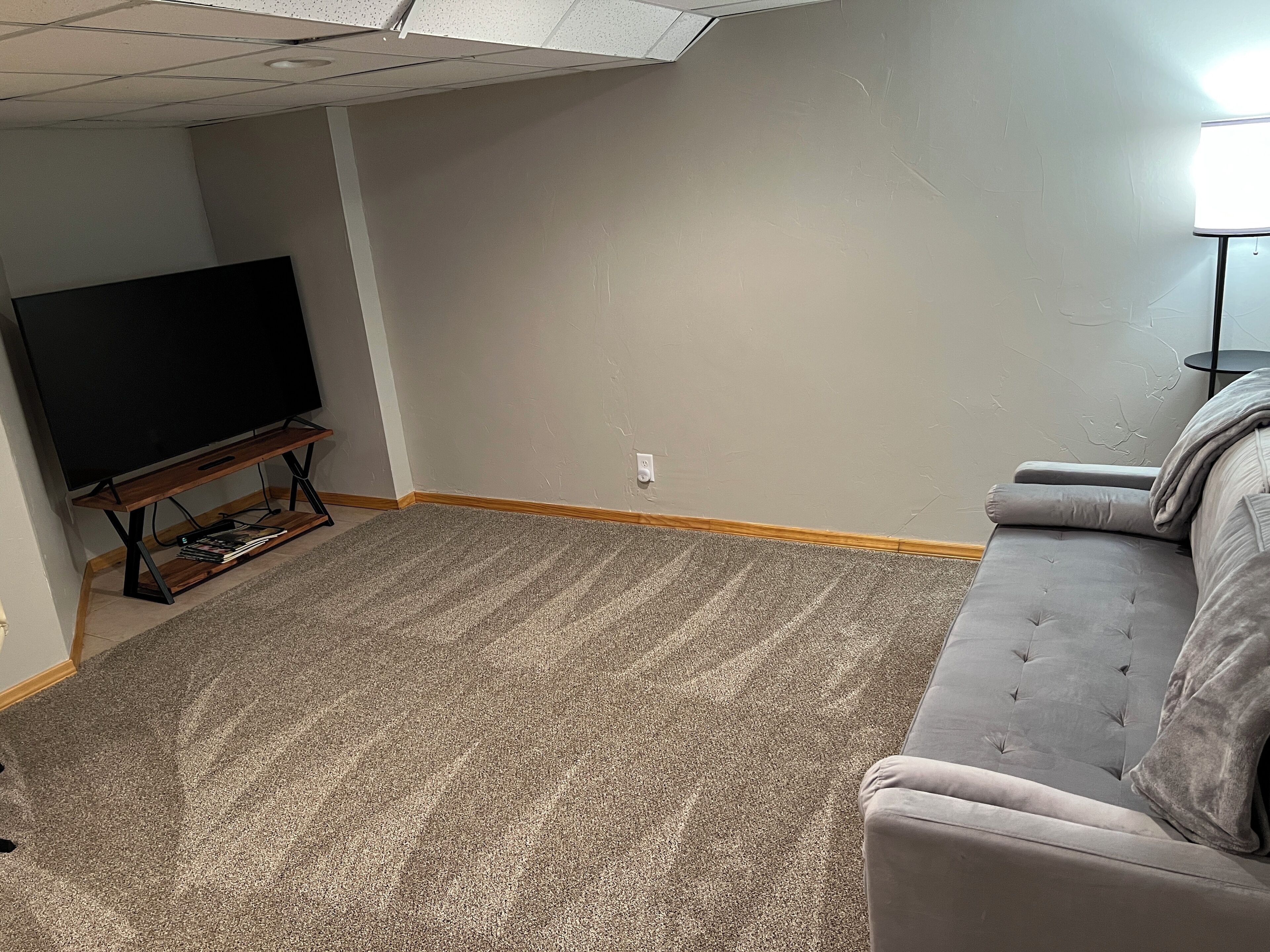 Una sala de estar con un televisor de pantalla plana sobre un mueble de madera, un sofá gris y una alfombra estampada.