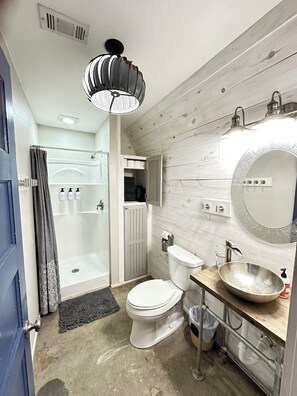 Shower, hair dryer, towels, soap - The Cottage                                         at She Boss Farmstead (Lexington)